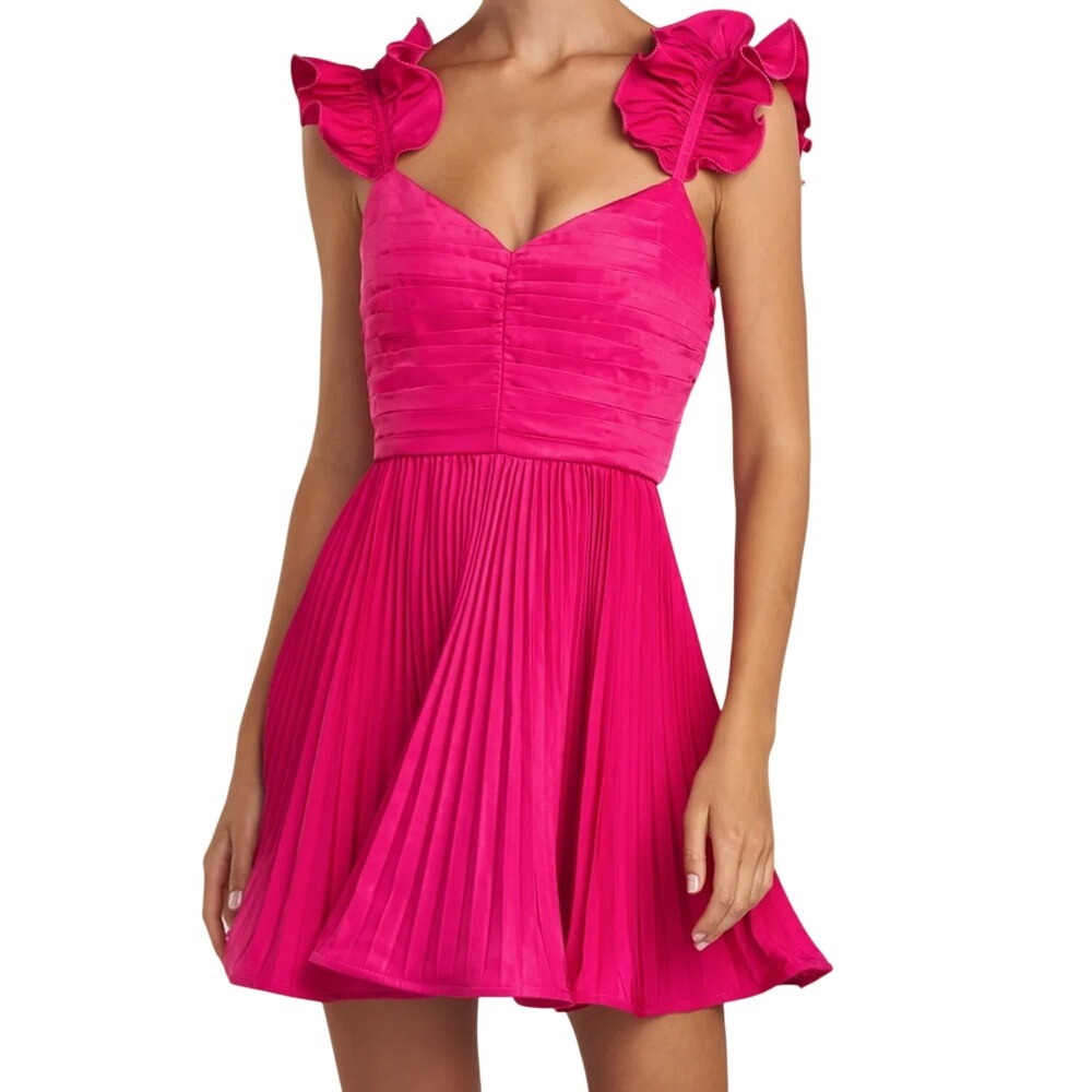 NWT AMUR Kitty Pleated Mini Dress Fuchsia Pink Ruffle Cocktail Size 4
